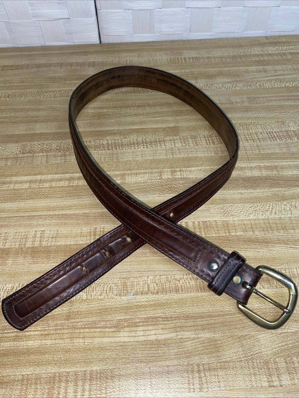 Leegin Brown Leather Belt Brass Buckle - Size 34 - Vintage USA Made